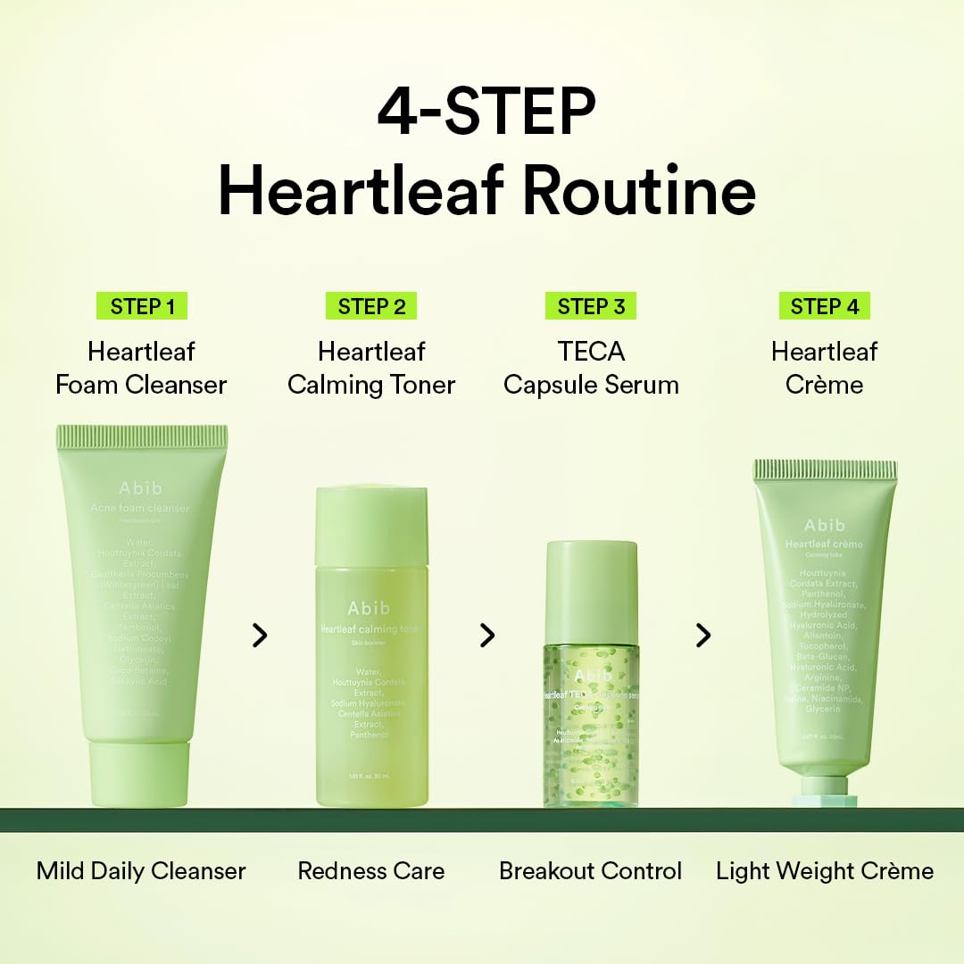 Abib Heartleaf Calming Trial Kit (Heartleaf foam 1.01 fl oz, Calming toner 1.01 fl oz, TECA capsule serum 0.50 , cream 0.67 fl oz) - Image 4